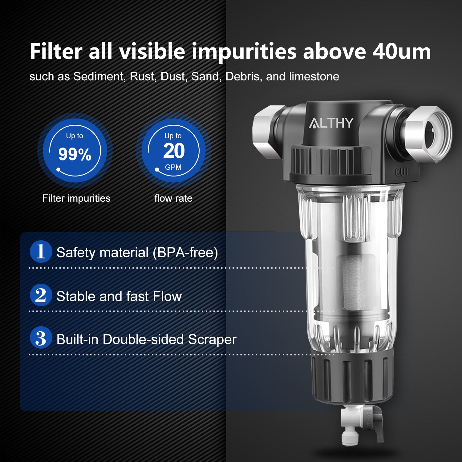 ALTHY Pre filter Whole House Spin Down Sediment Water Filter Central Prefilter Purifier System Backwash Stainless Steel Mesh