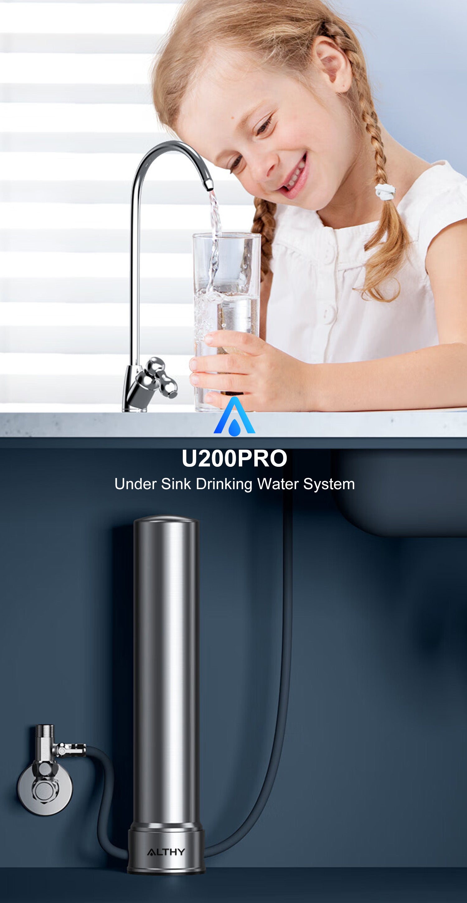 ALTHY U200PRO Kitchen Under Sink Drinking Water Filter Purifier With Faucet Reduces Bacteria, Metal,Lead, Chlorine and Odor
