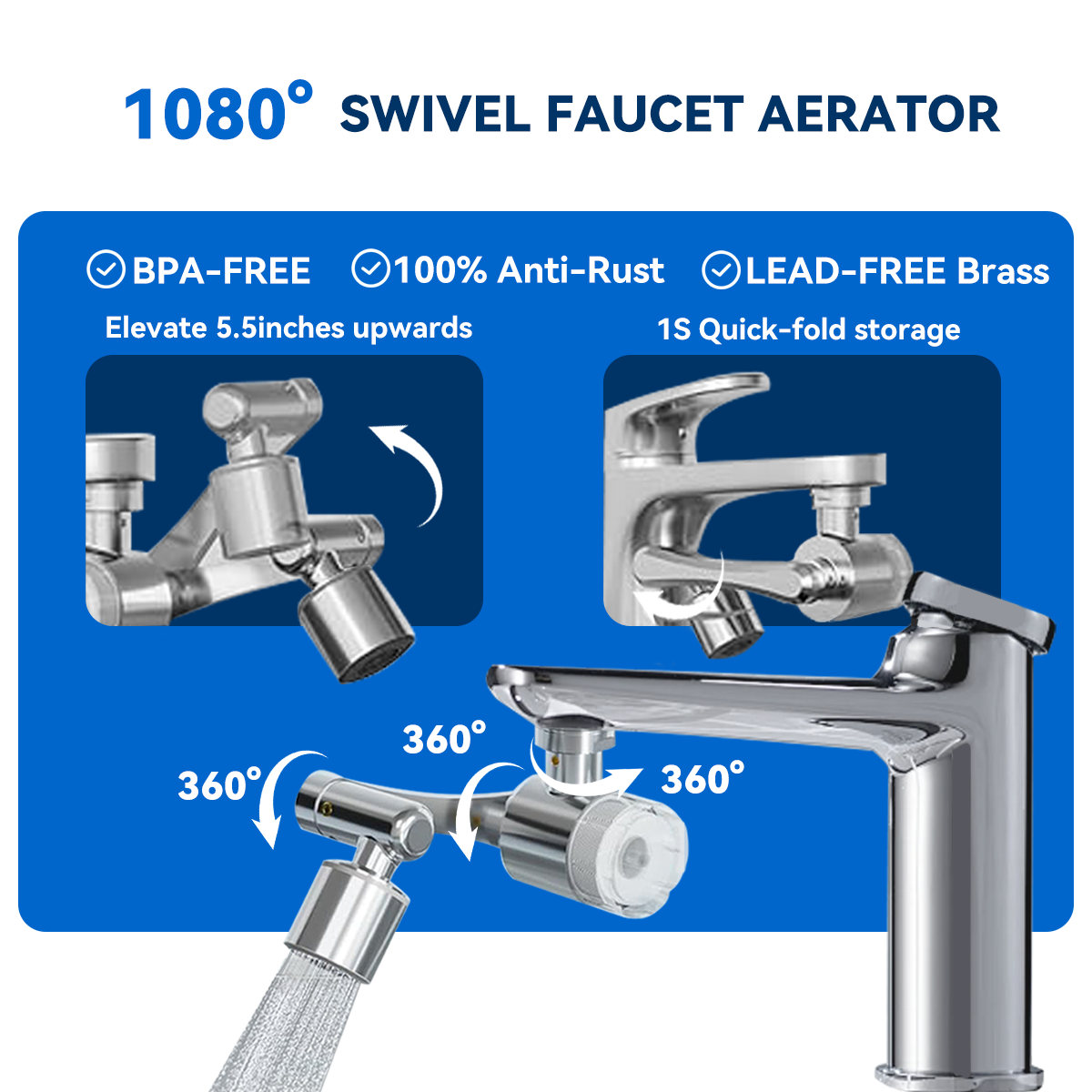 ALTHY  Faucet Extender Water Filter, Sink Splash-proof 1080° Rotating Tap Aerator,Reduce Lead Chlorine Odor, 2 Water Spray Modes