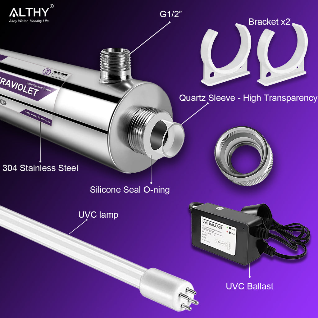 ALTHY Ultraviolet UV Water Sterilizer Treatment for Kitchen/ Cafe Filter Purifier System - 6GPM 25W Lamp Tube - Stainless Steel