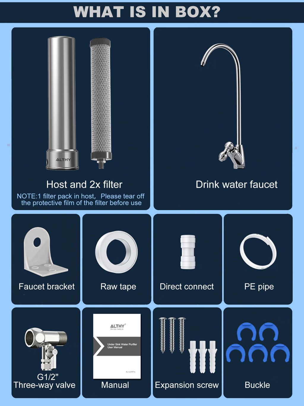 ALTHY U200PRO Kitchen Under Sink Drinking Water Filter Purifier With Faucet Reduces Bacteria, Metal,Lead, Chlorine and Odor