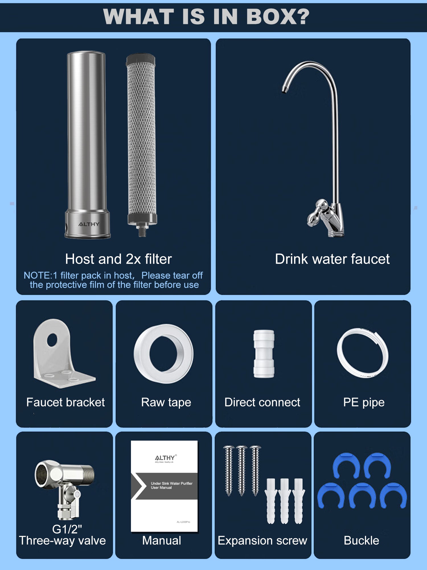 ALTHY U200PRO Kitchen Under Sink Drinking Water Filter Purifier With Faucet Reduces Bacteria, Metal,Lead, Chlorine and Odor