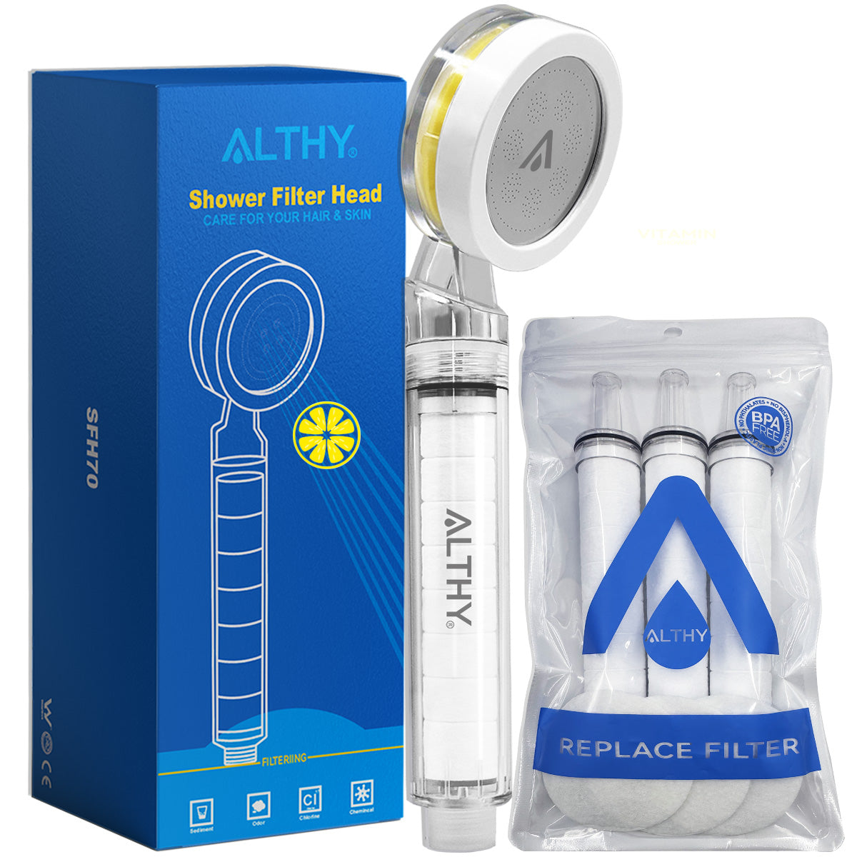 ALTHY Vitamin C Handheld Shower Head Filter,High Pressure SPA Softener Water,Whiten&Moisturizing Dry Itchy Skin,Reduce Hair Loss