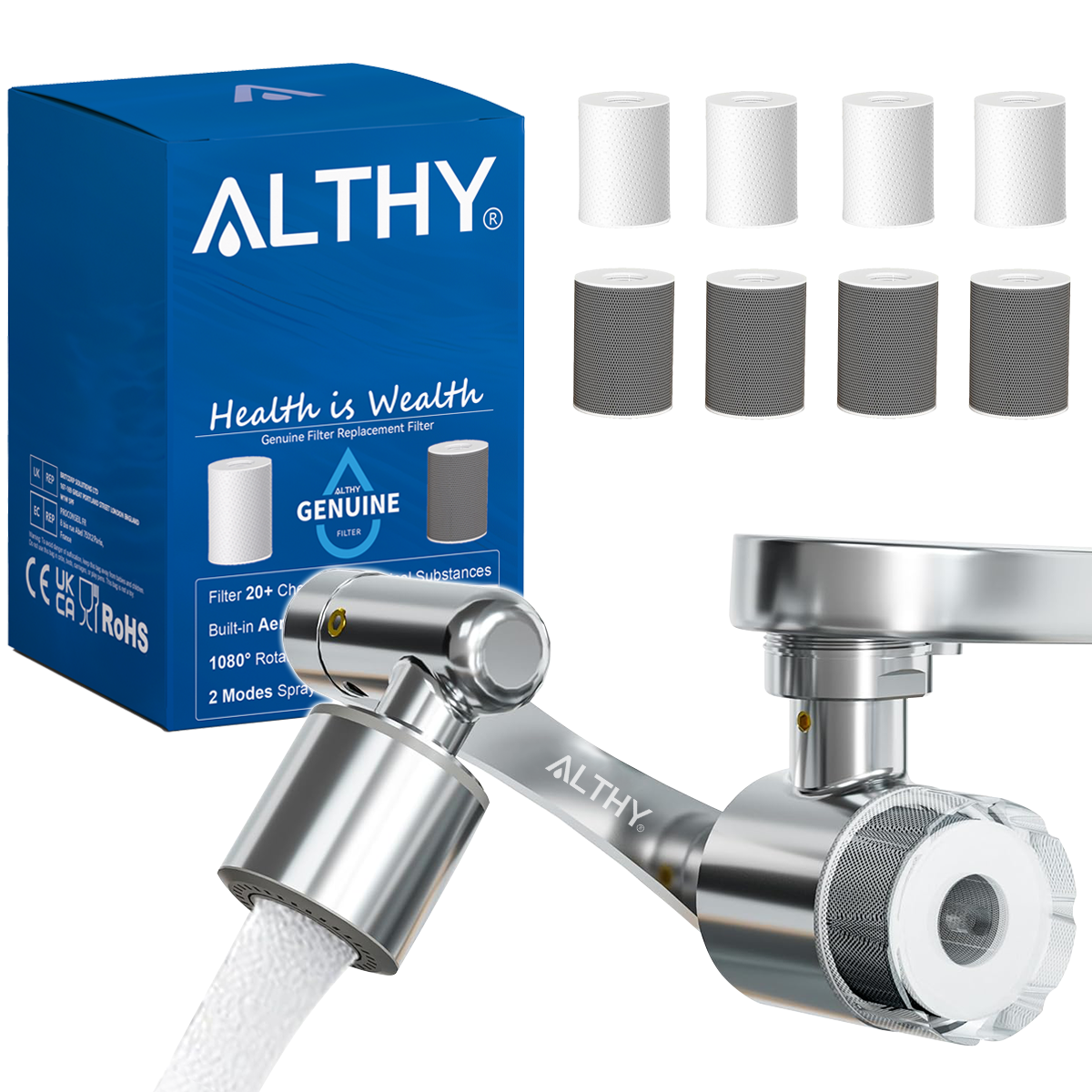 ALTHY  Faucet Extender Water Filter, Sink Splash-proof 1080° Rotating Tap Aerator,Reduce Lead Chlorine Odor, 2 Water Spray Modes